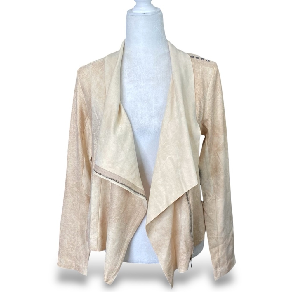 NWT Shyanne Boho Floral Embroidered Draped Beige Moto Jacket Faux Suede Sz S